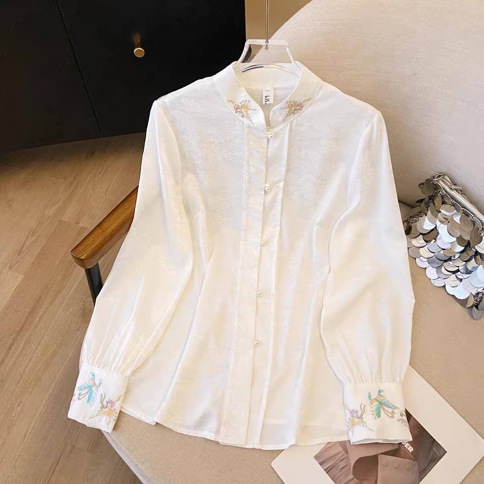 新中式暗纹提花立领衬衫