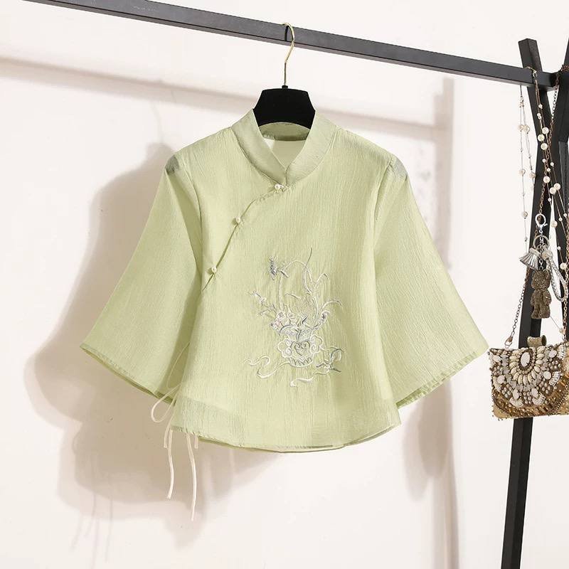 新中式斜襟立领刺绣衬衫