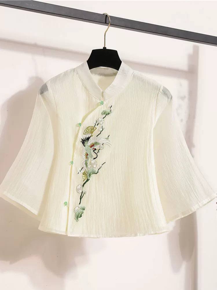 新中式斜襟立领仙鹤刺绣衬衫