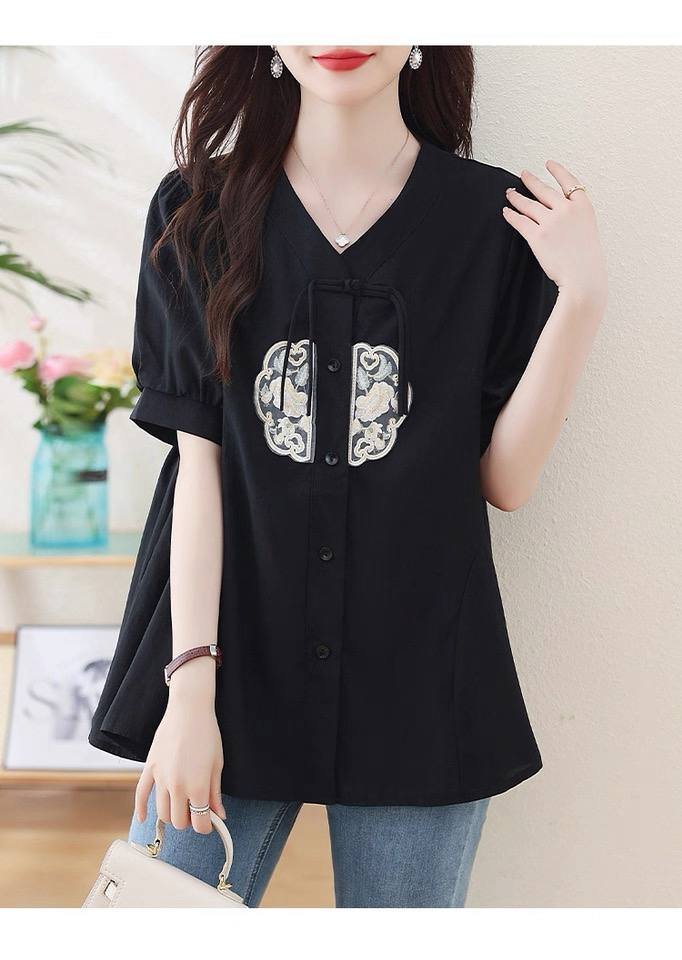 新中式V领盘扣刺绣衬衫