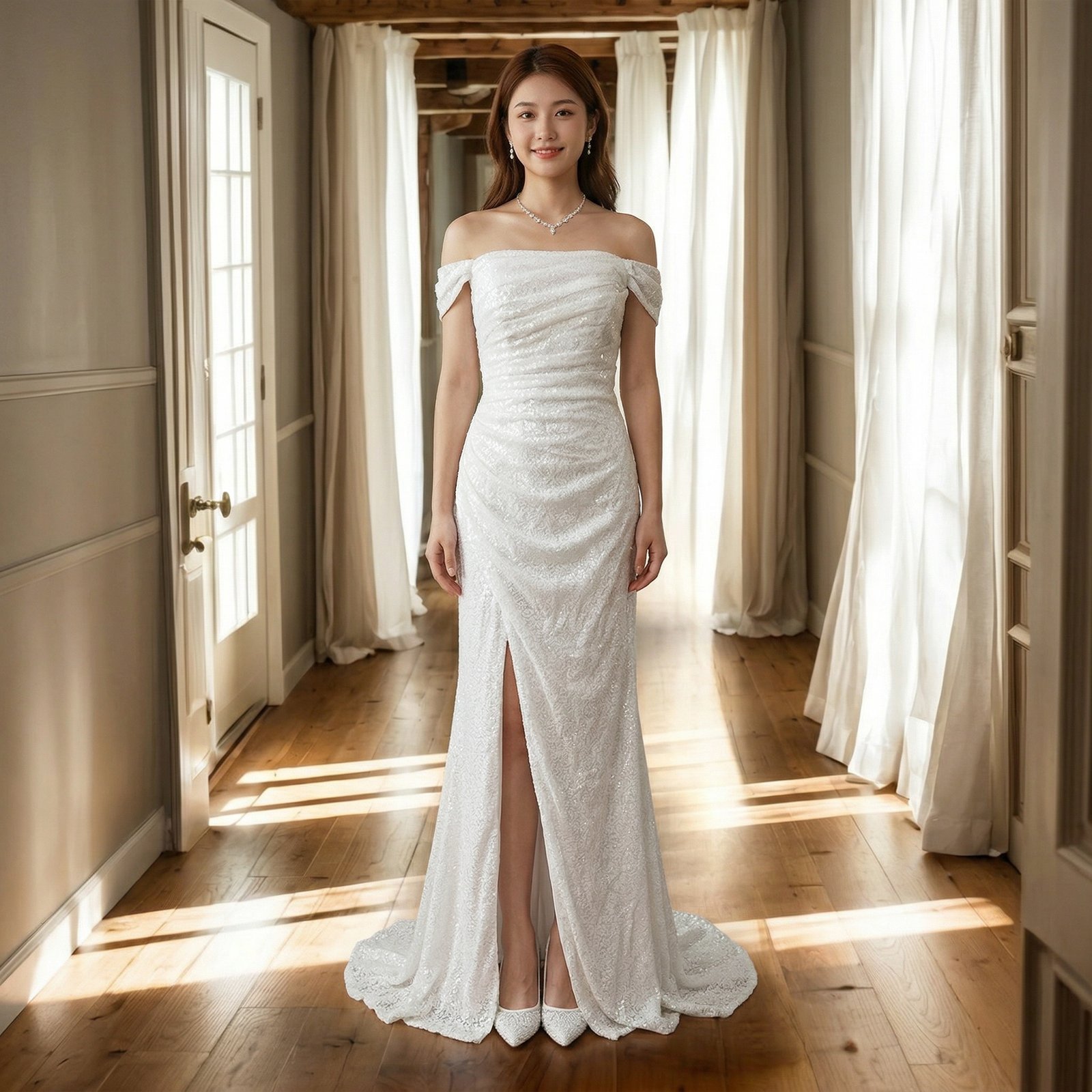 一字肩亮片蕾丝鱼尾婚纱