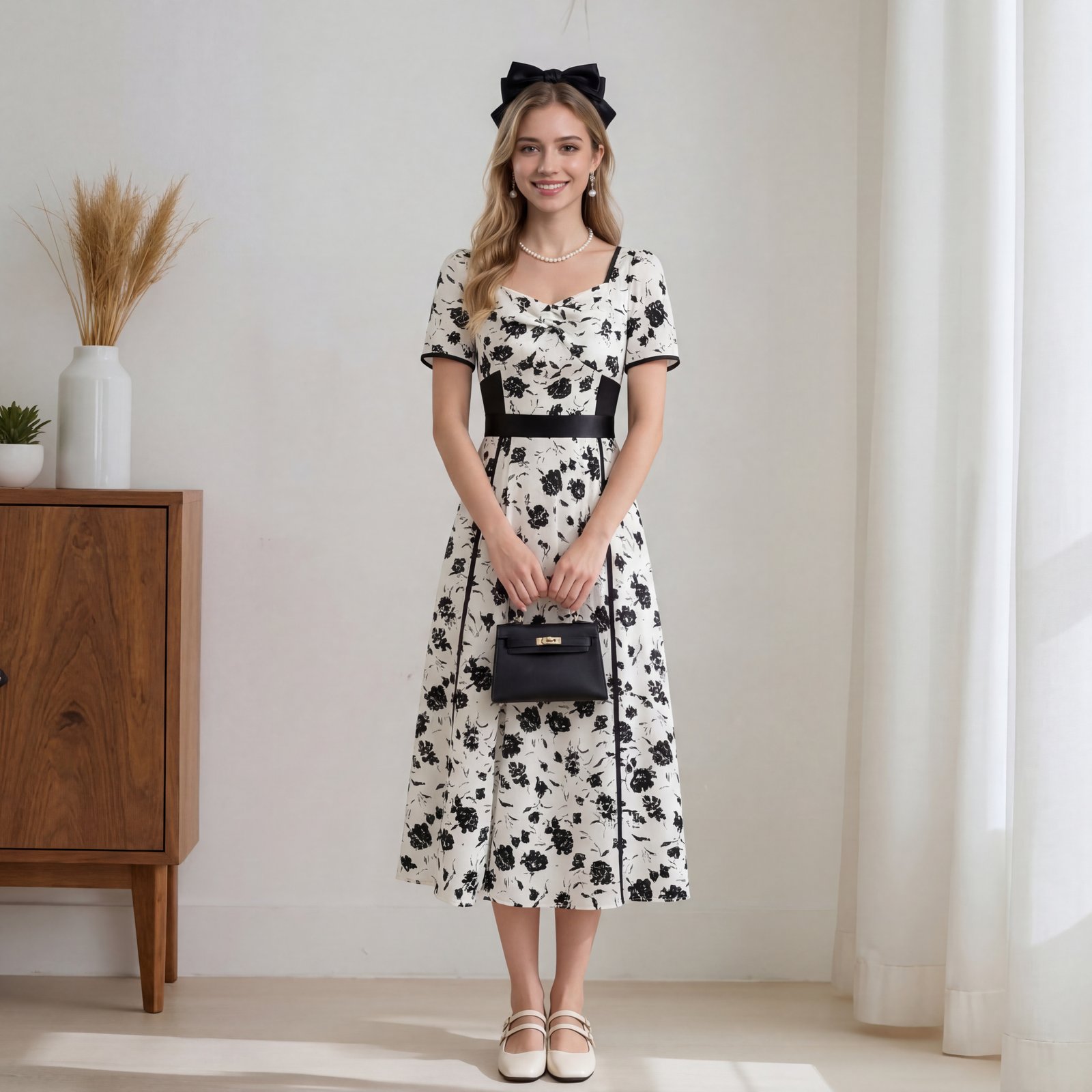 法式复古黑白碎花长款连衣裙