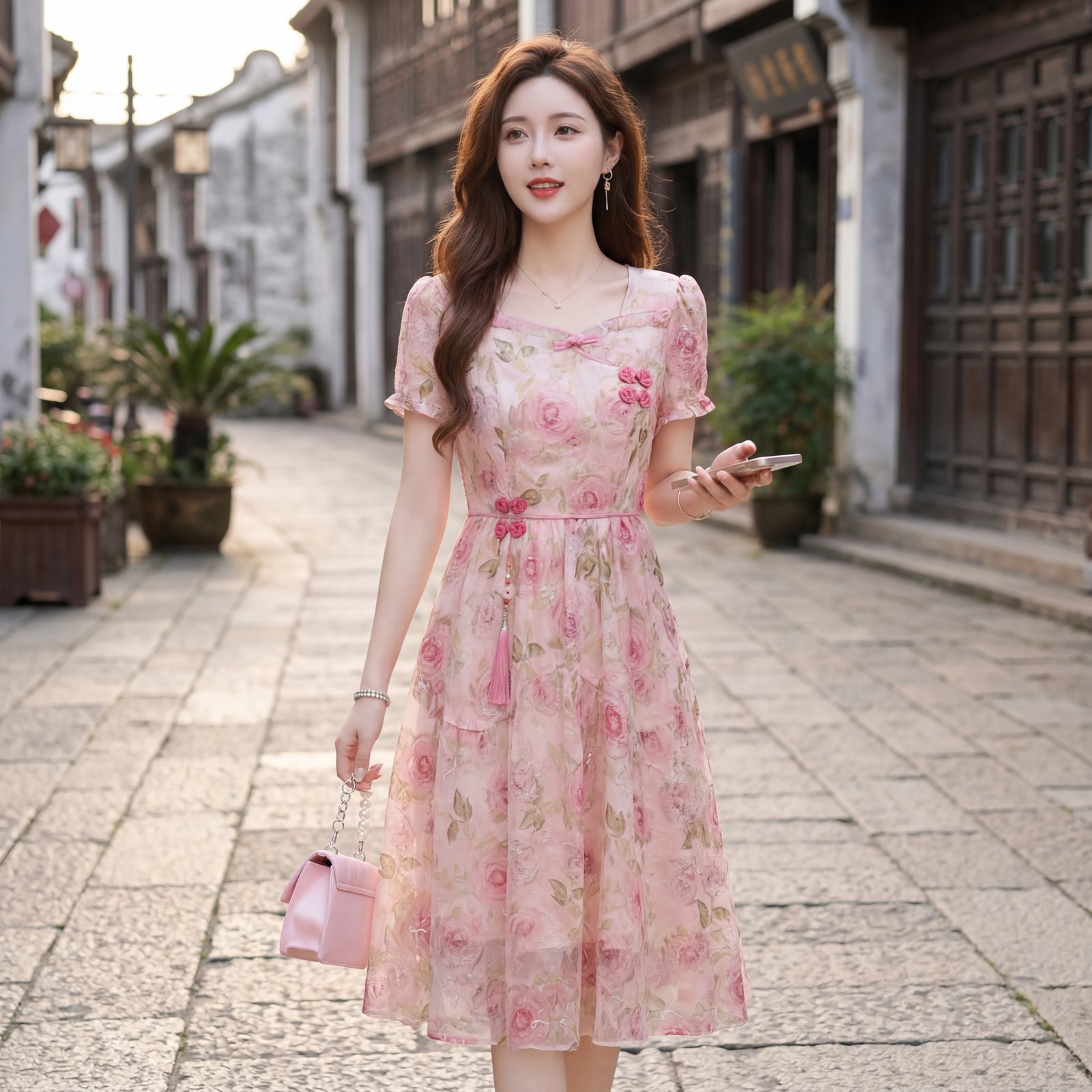 新中式国风粉色印花连衣裙