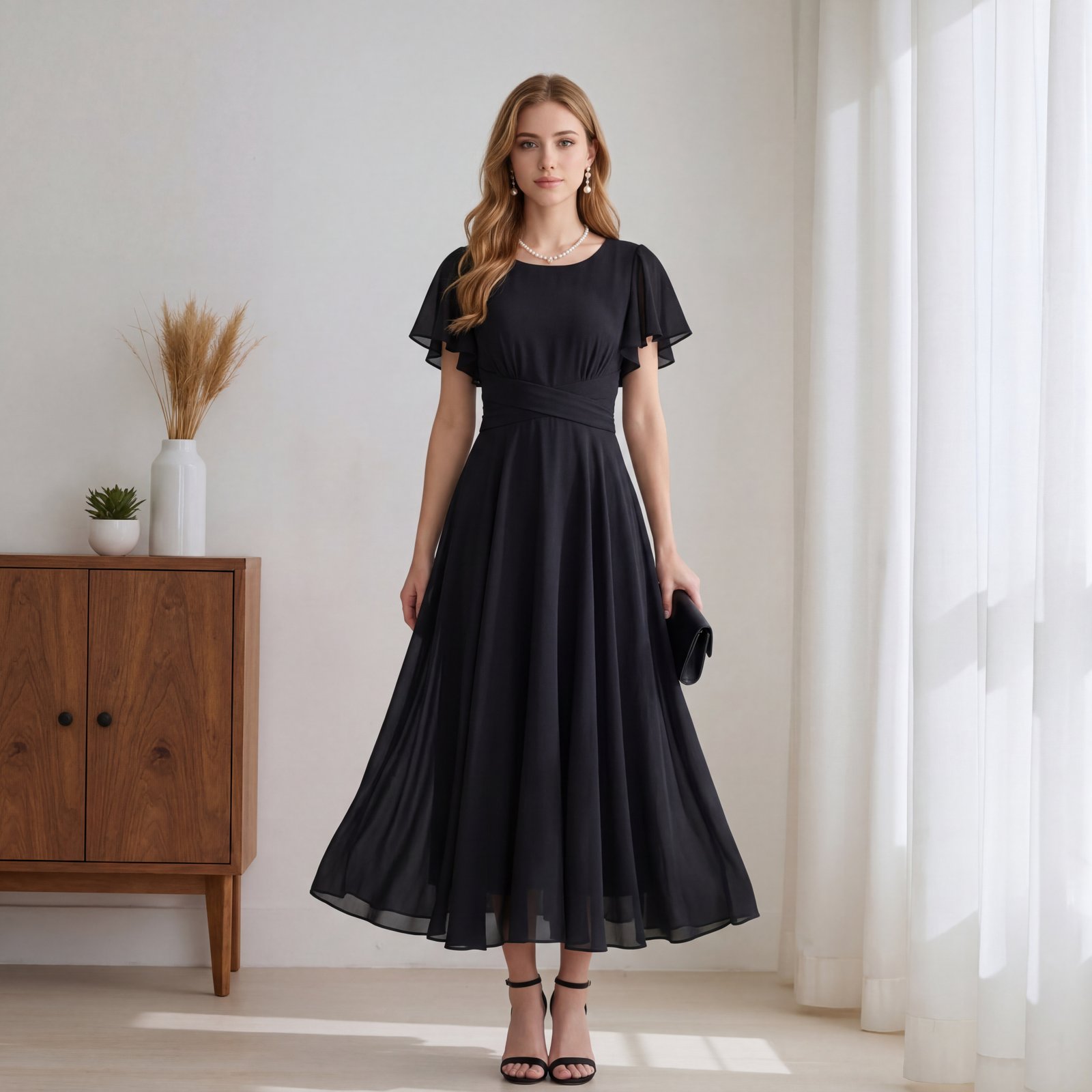 经典黑色圆领雪纺连衣裙