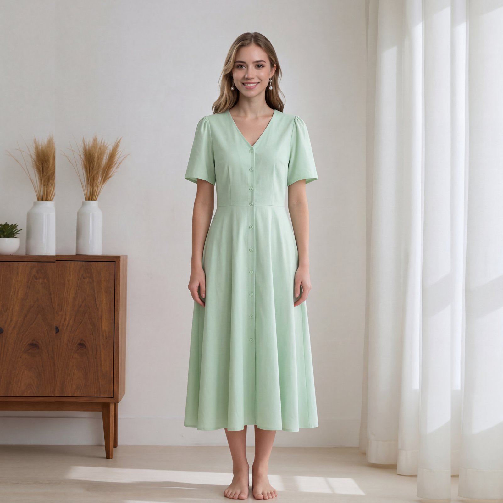 清新薄荷绿V领收腰连衣裙