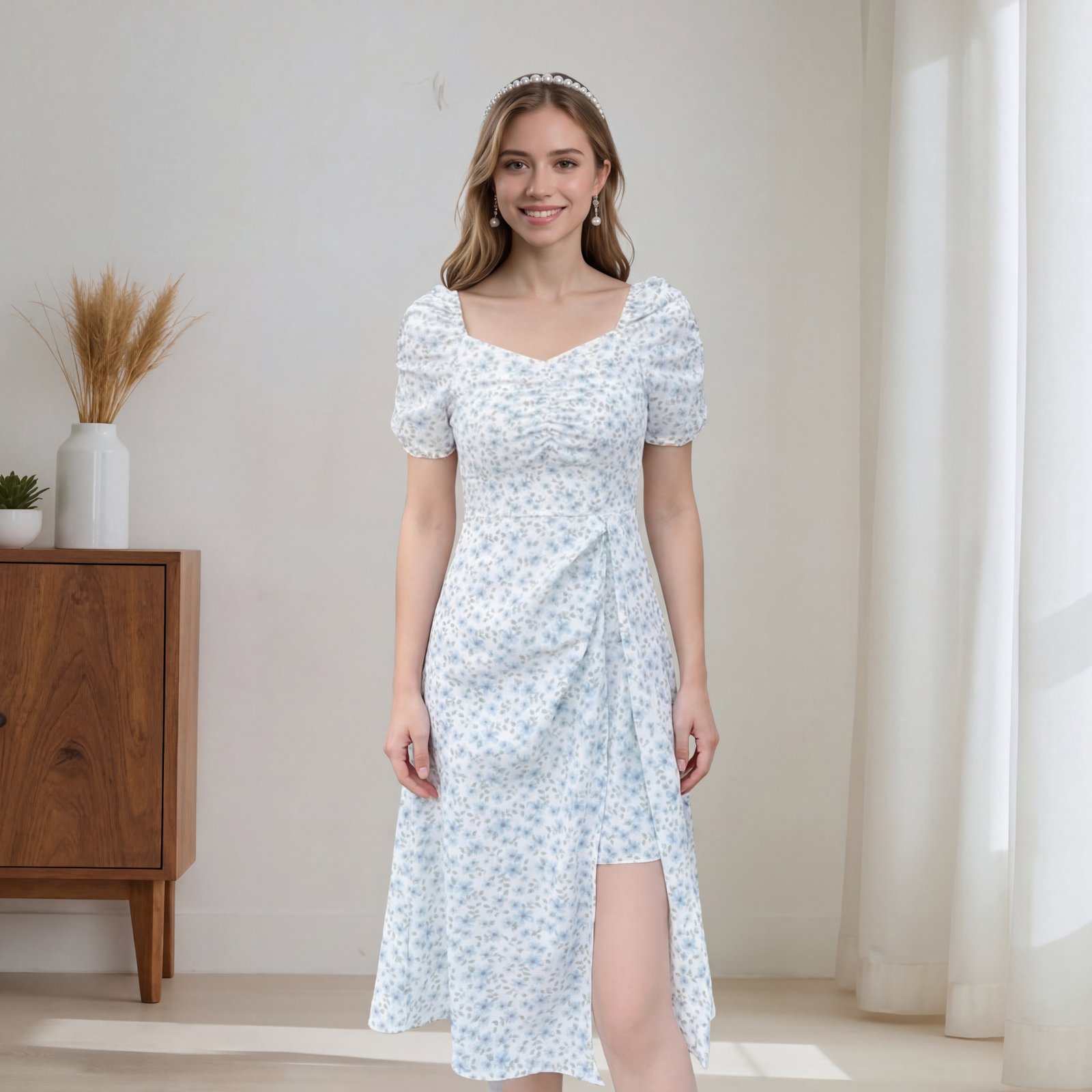 法式清新蓝白碎花连衣裙