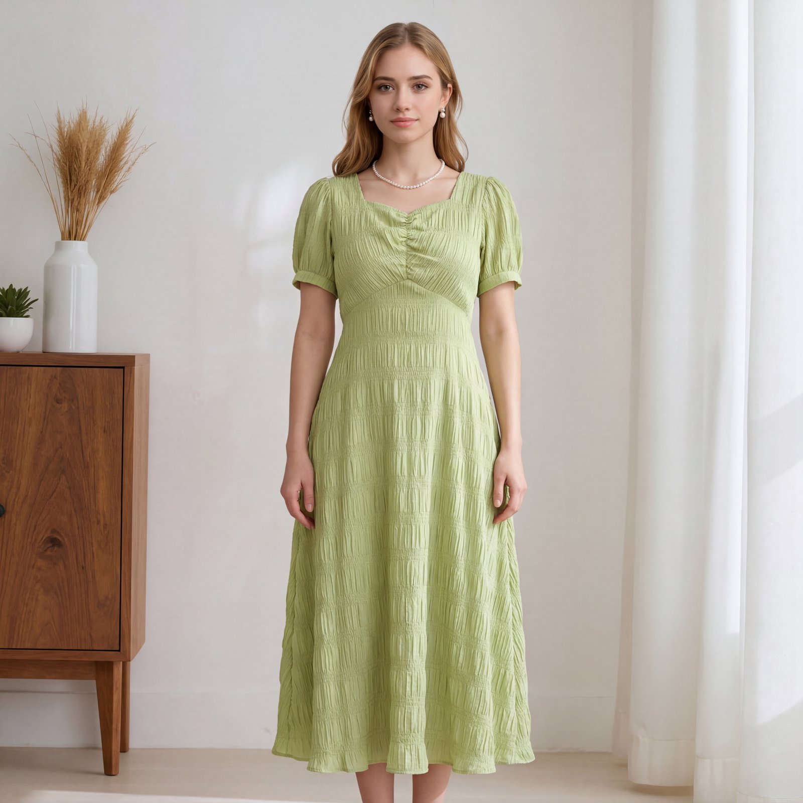 清新苹果绿方领压褶连衣裙