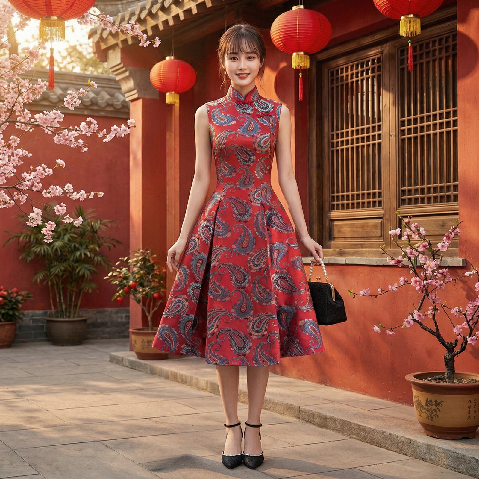 新中式改良红色提花旗袍裙