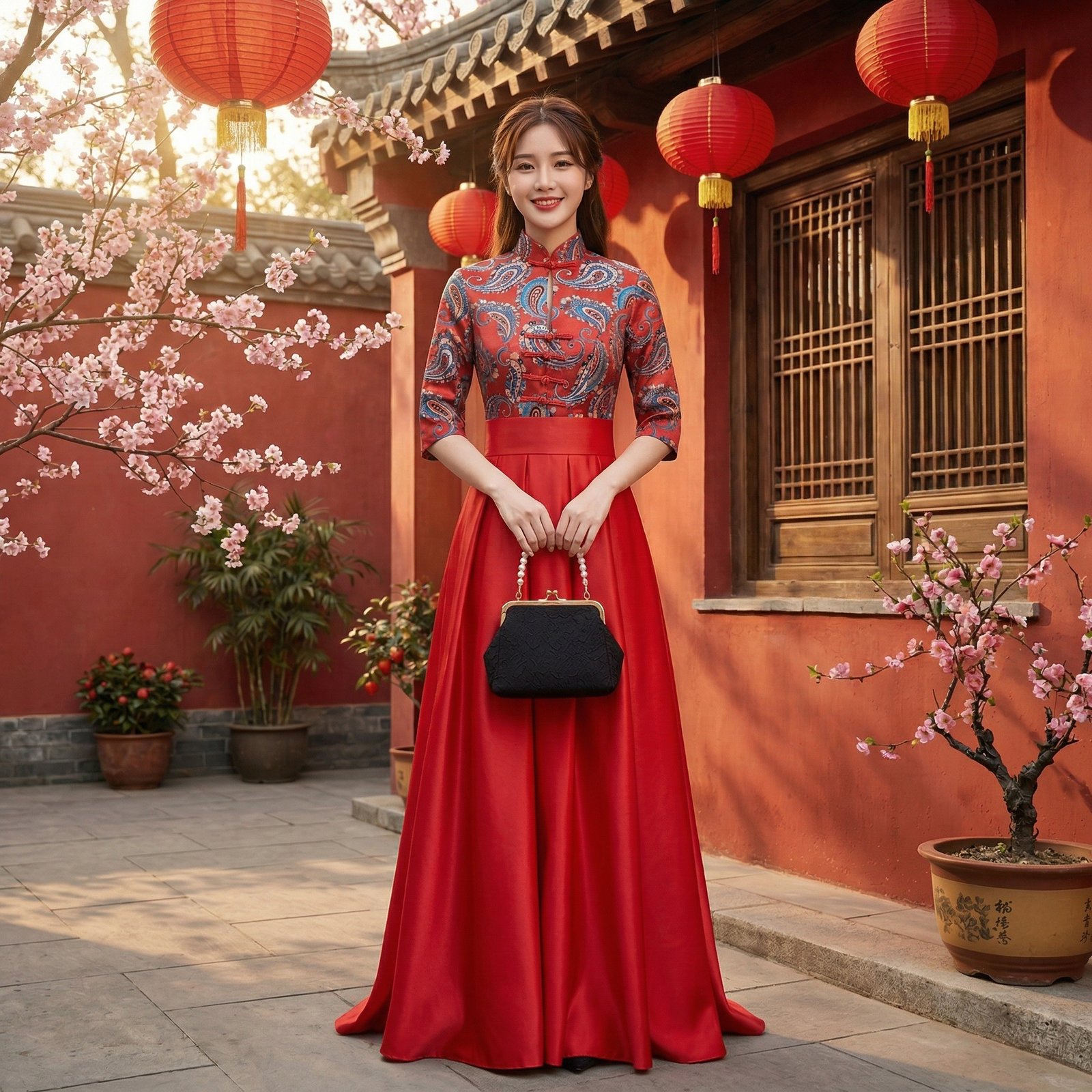 新中式改良印花缎面套装裙