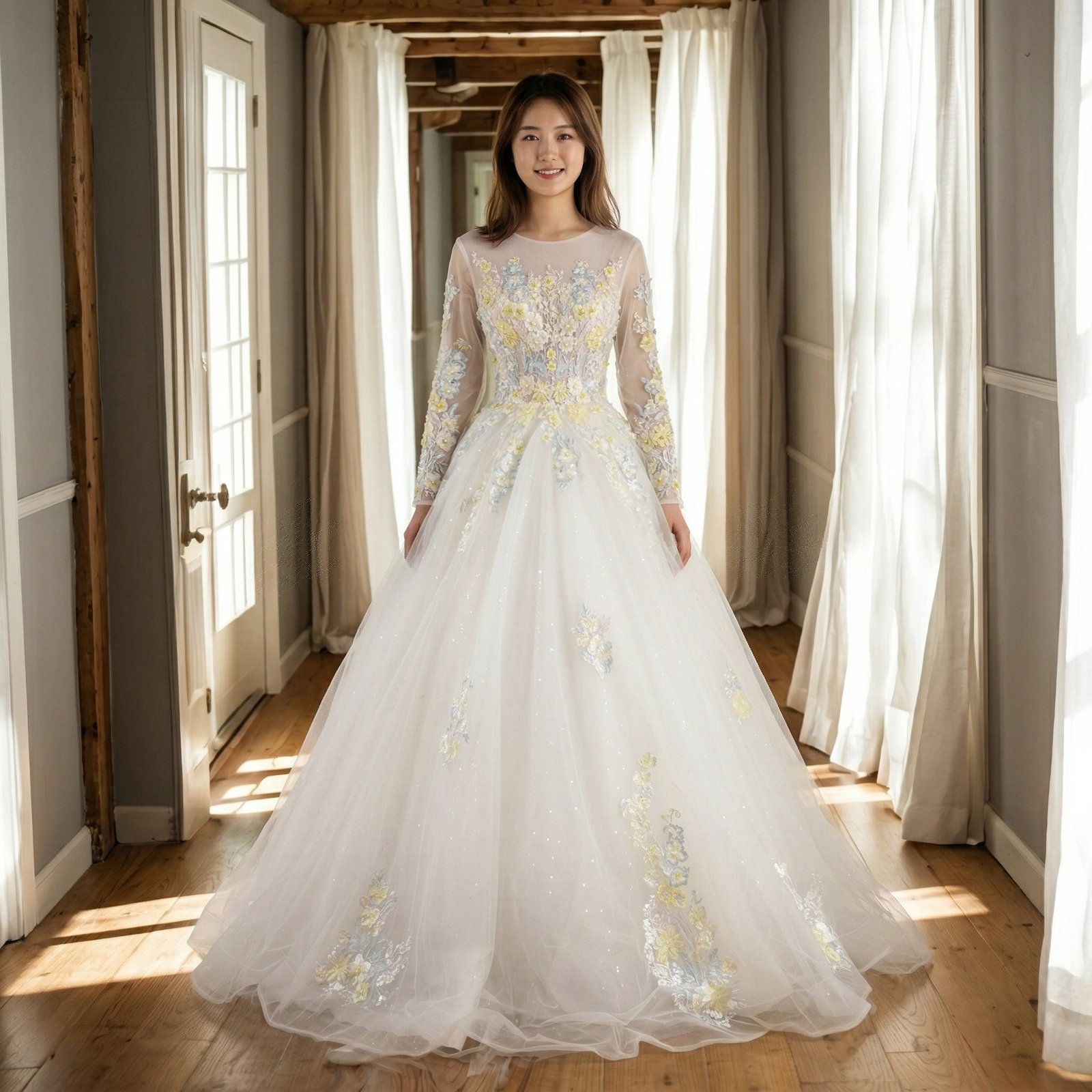 清新彩色刺绣网纱长袖婚纱