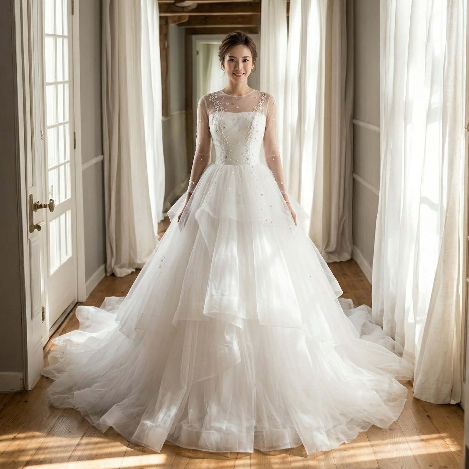 仙气珍珠网纱长袖主婚纱