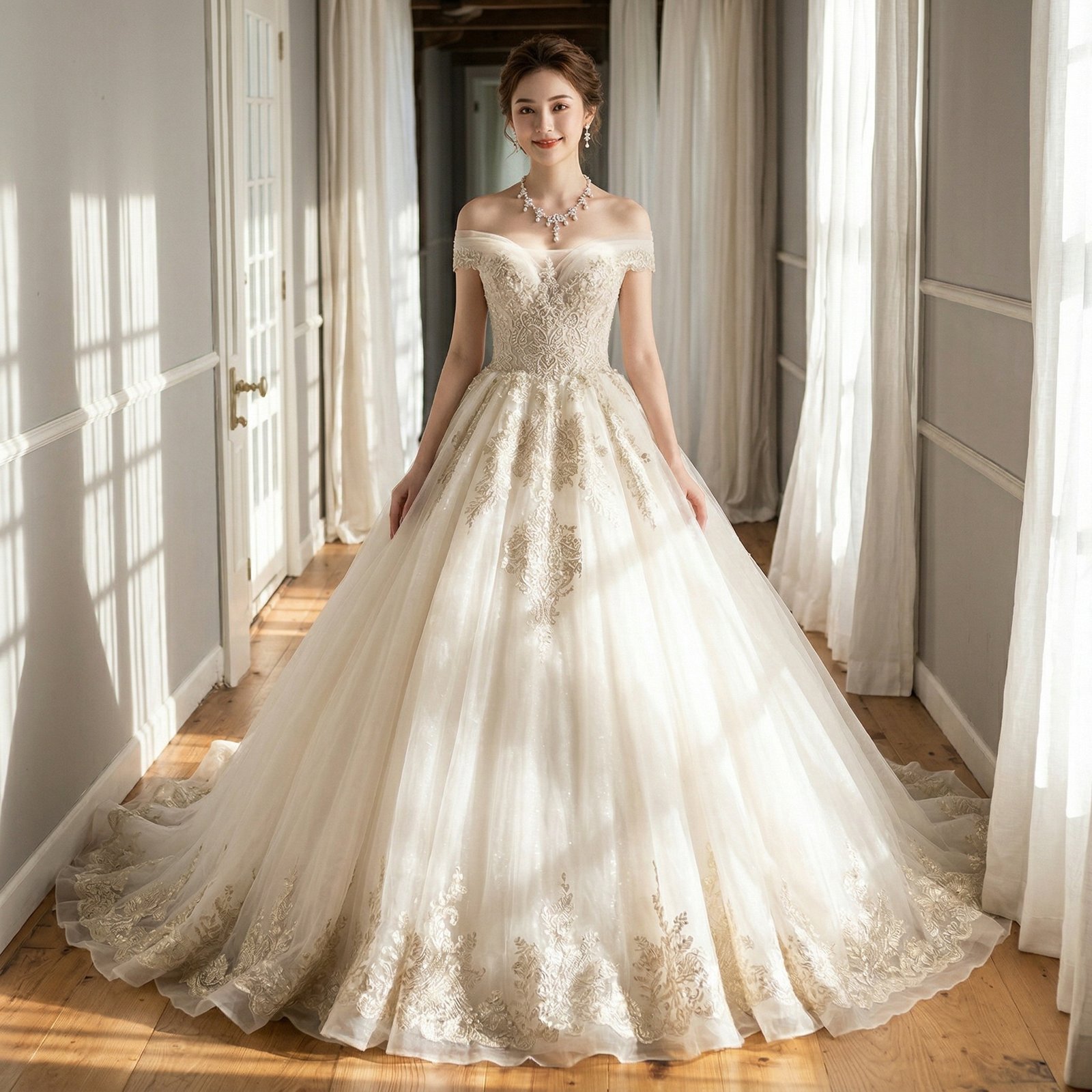 香槟色一字肩蕾丝刺绣主婚纱