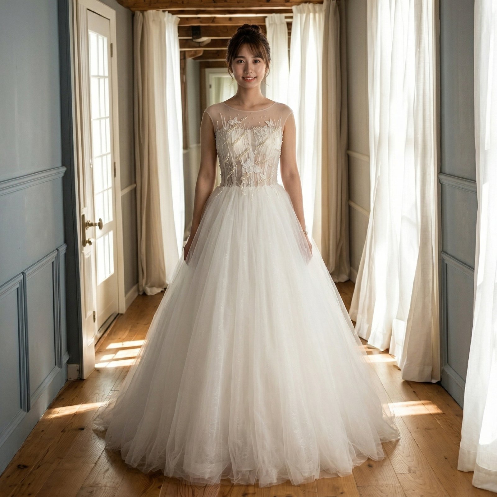 森系透视网纱钉珠主婚纱