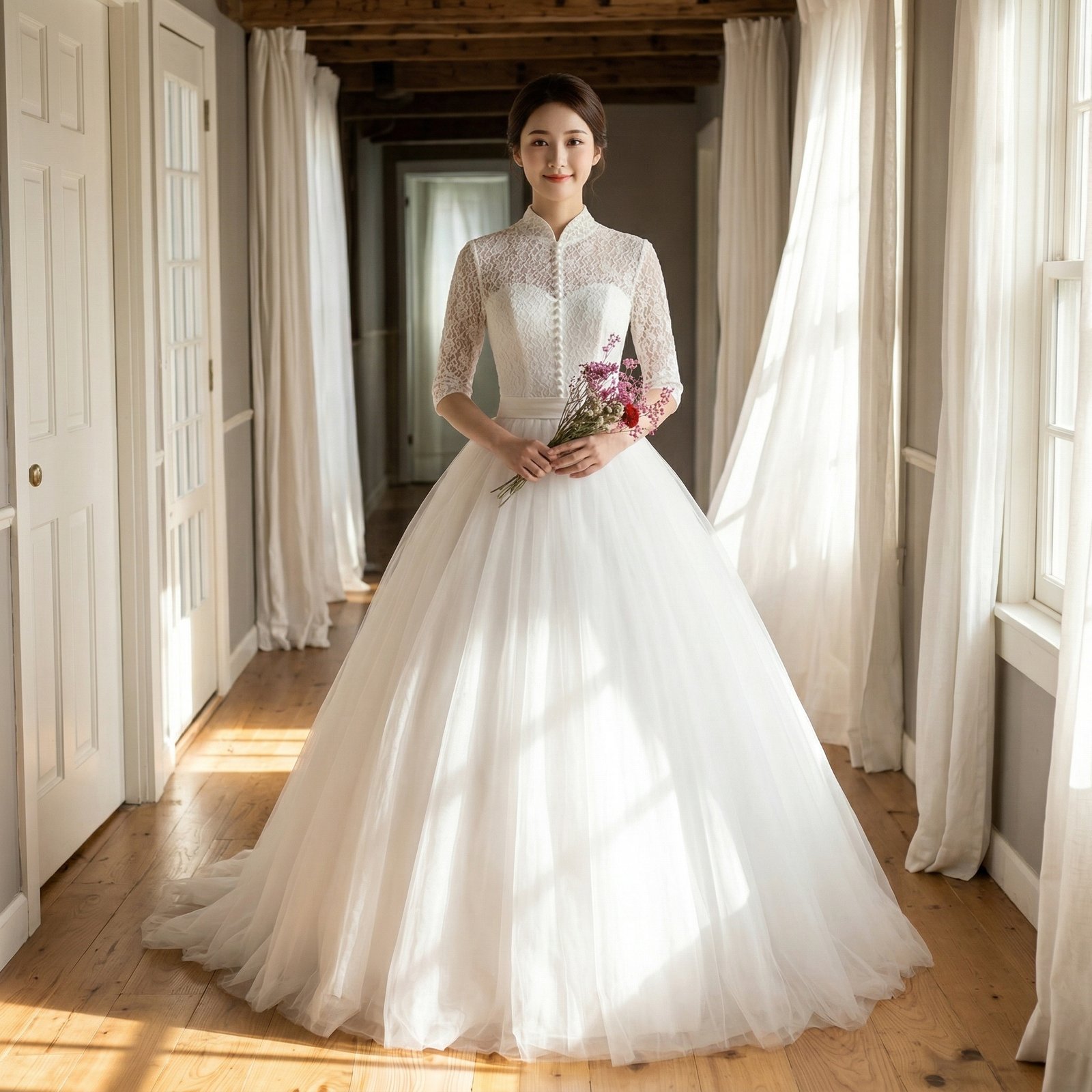 新中式立领蕾丝网纱主婚纱