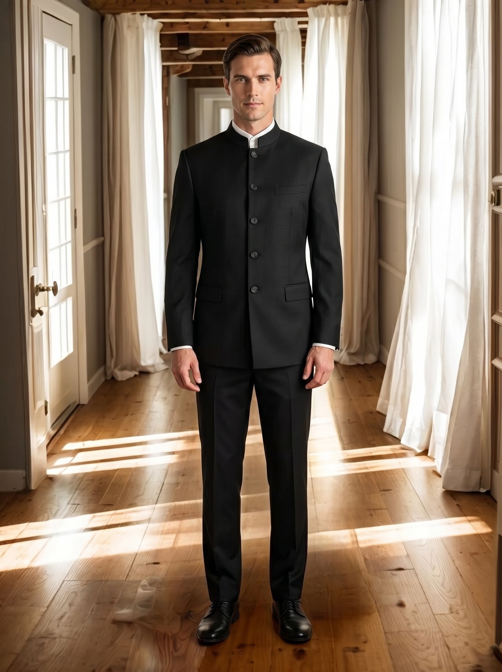 新中式立领黑色男士中山套装