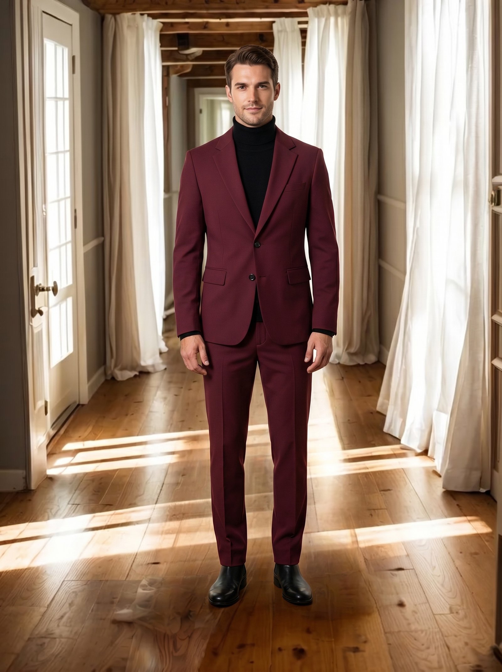 酒红色单排扣男士西装套装