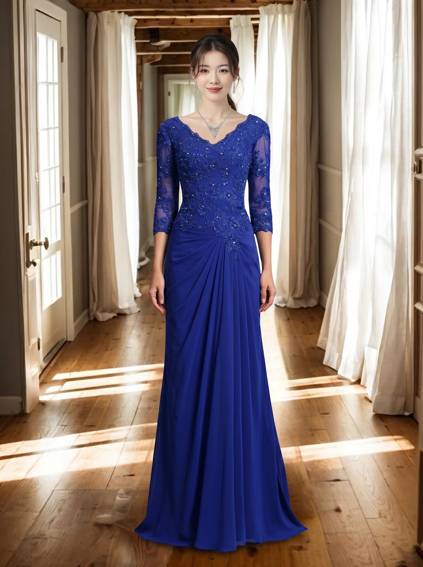 宝蓝色蕾丝网纱拼接修身晚礼服