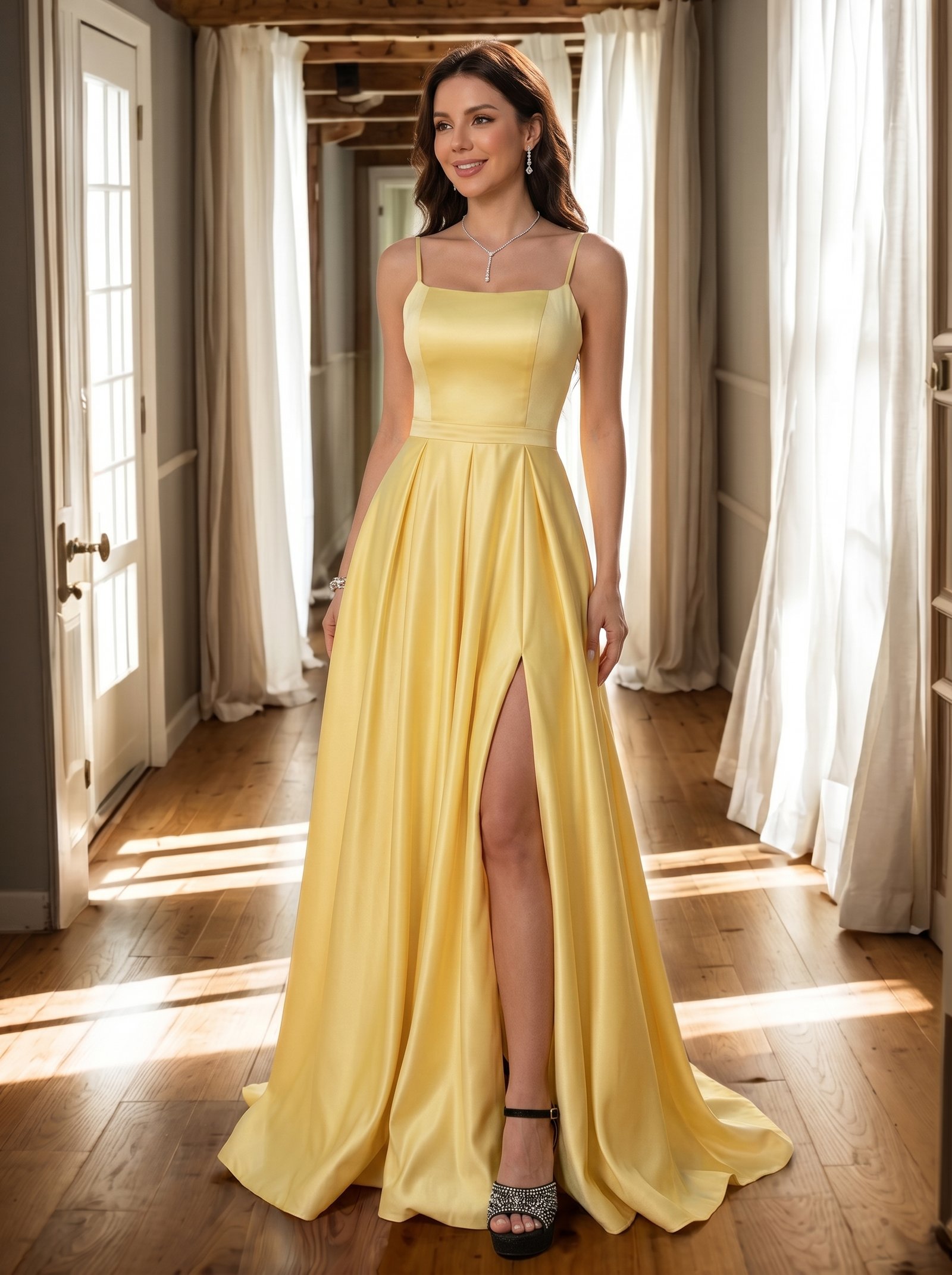 亮黄色吊带晚礼服
