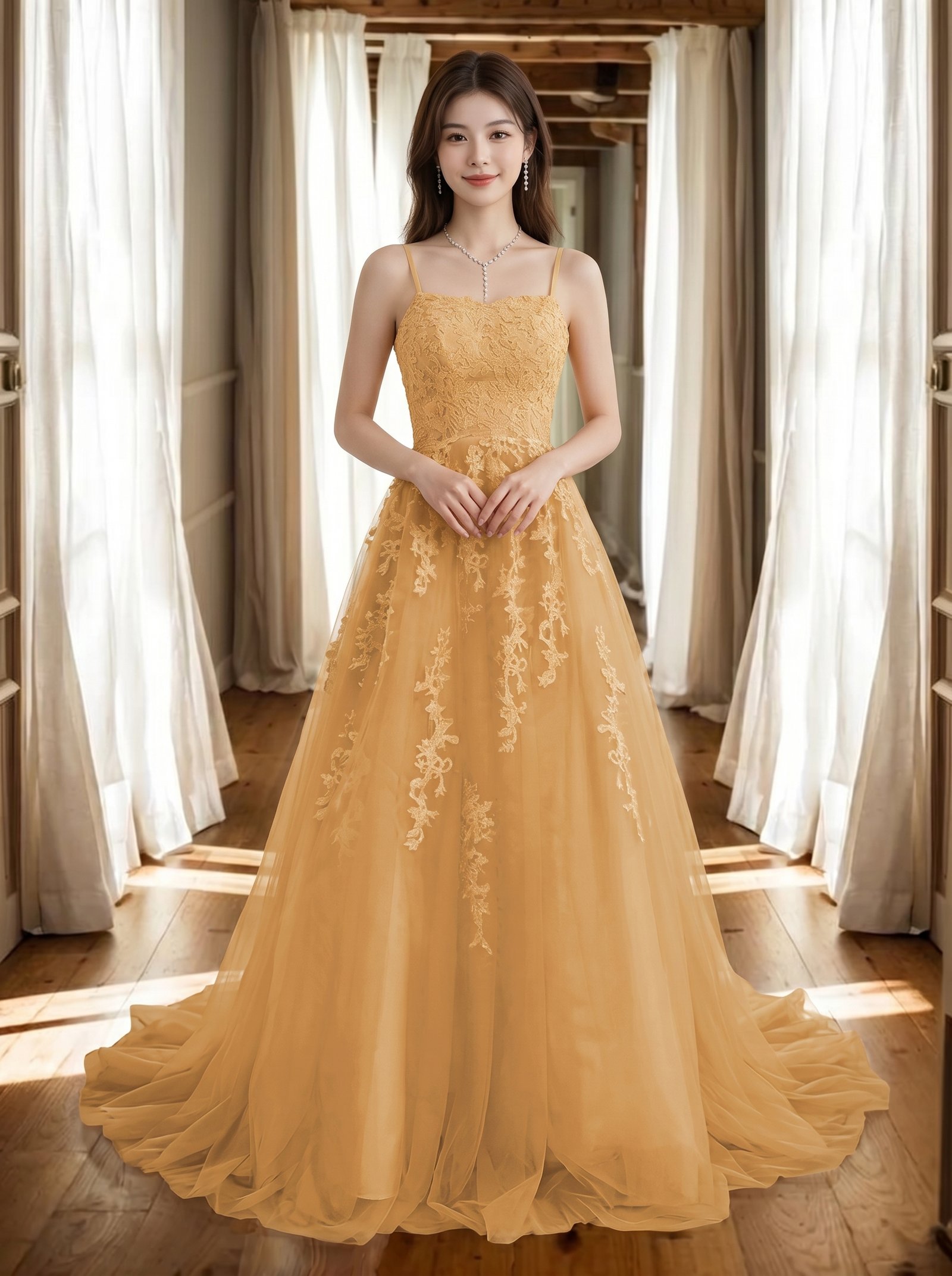 姜黄色网纱蕾丝吊带晚礼服