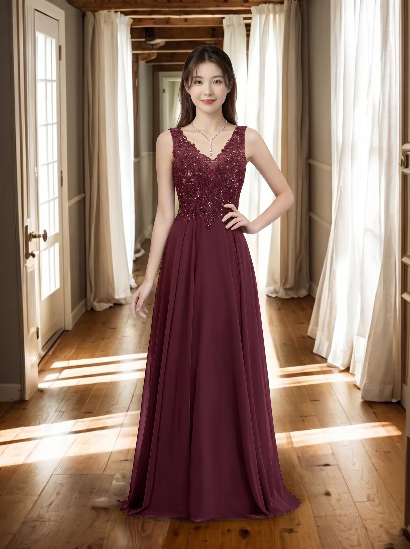 酒红色蕾丝网纱拼接晚礼服