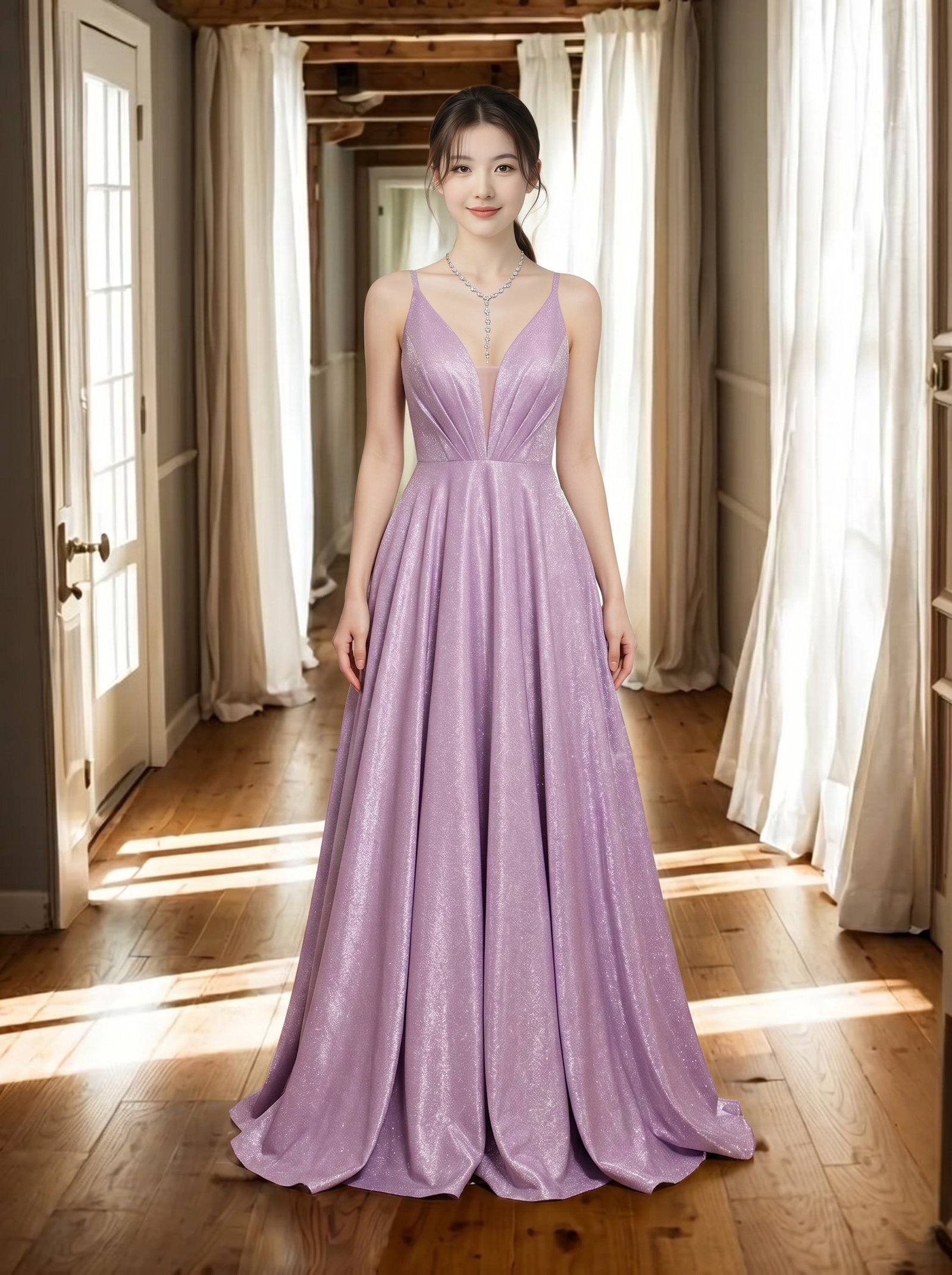 淡紫色细闪吊带晚礼服