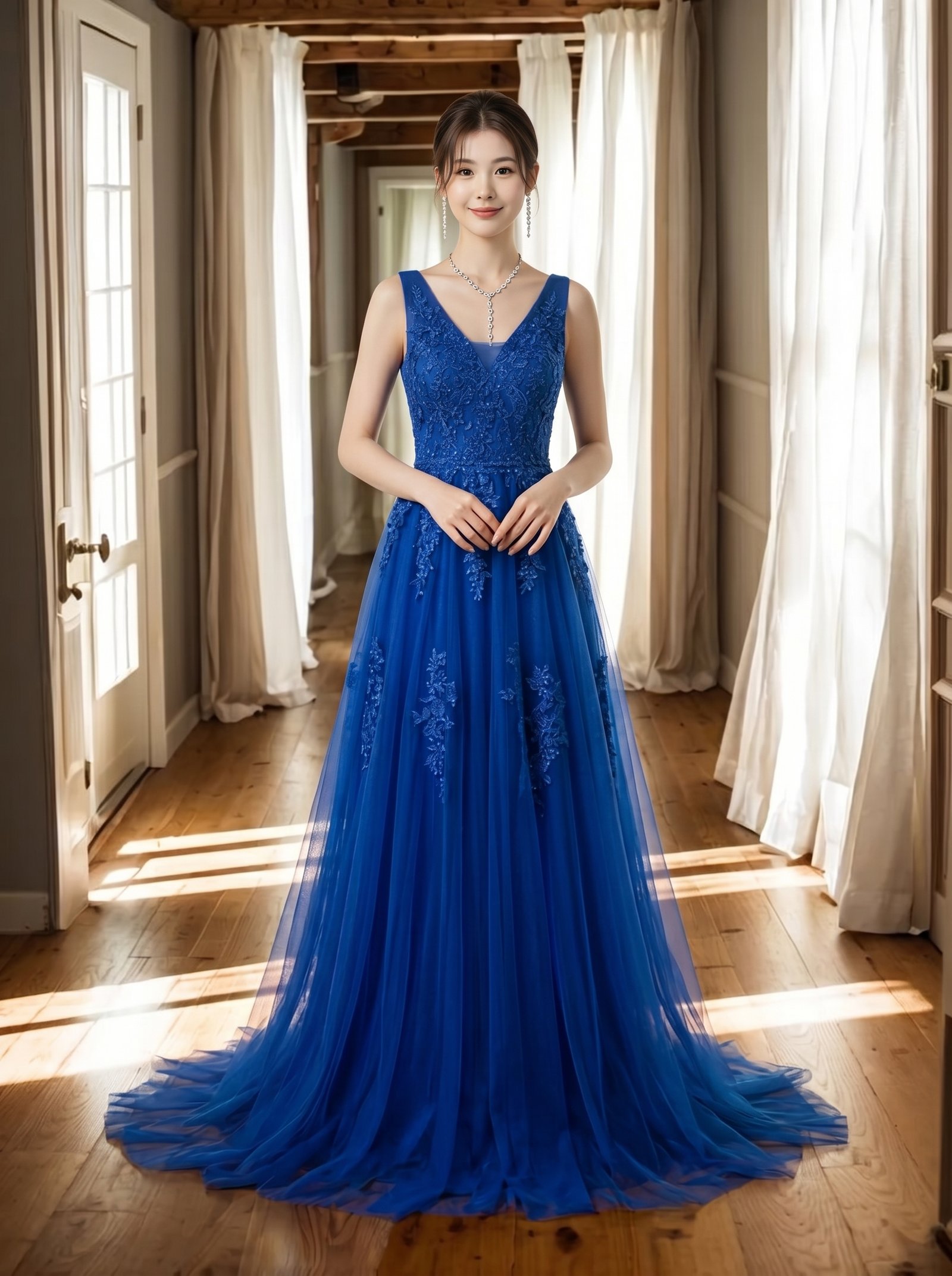 宝蓝色蕾丝网纱拼接晚礼服