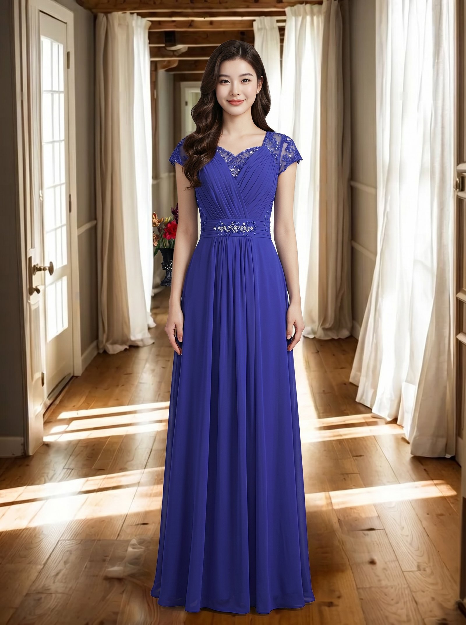 紫蓝色蕾丝网纱拼接晚礼服