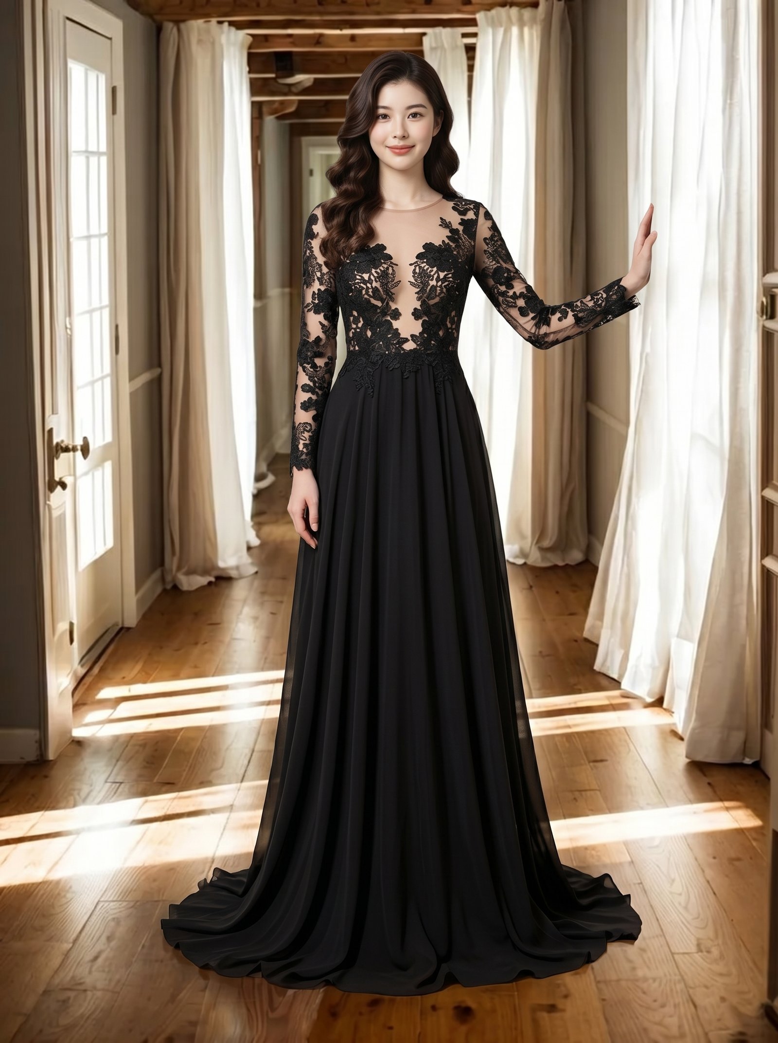 黑色蕾丝网纱拼接晚礼服