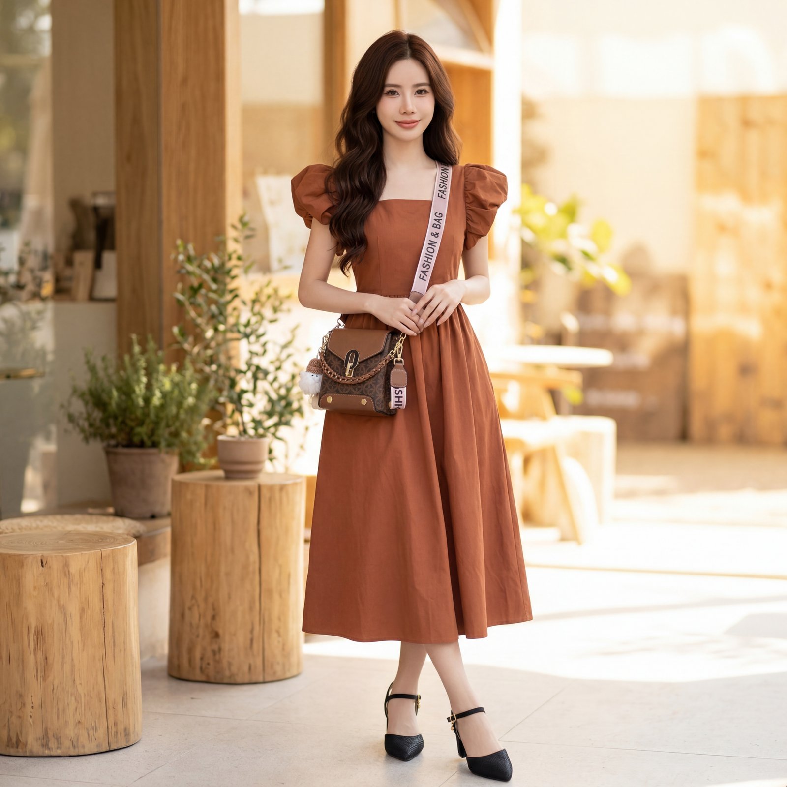 [EN] Caramel Square Neck Puff Sleeve Waist-Cinched Dress[CN] 焦糖色方领泡泡袖收腰连衣裙