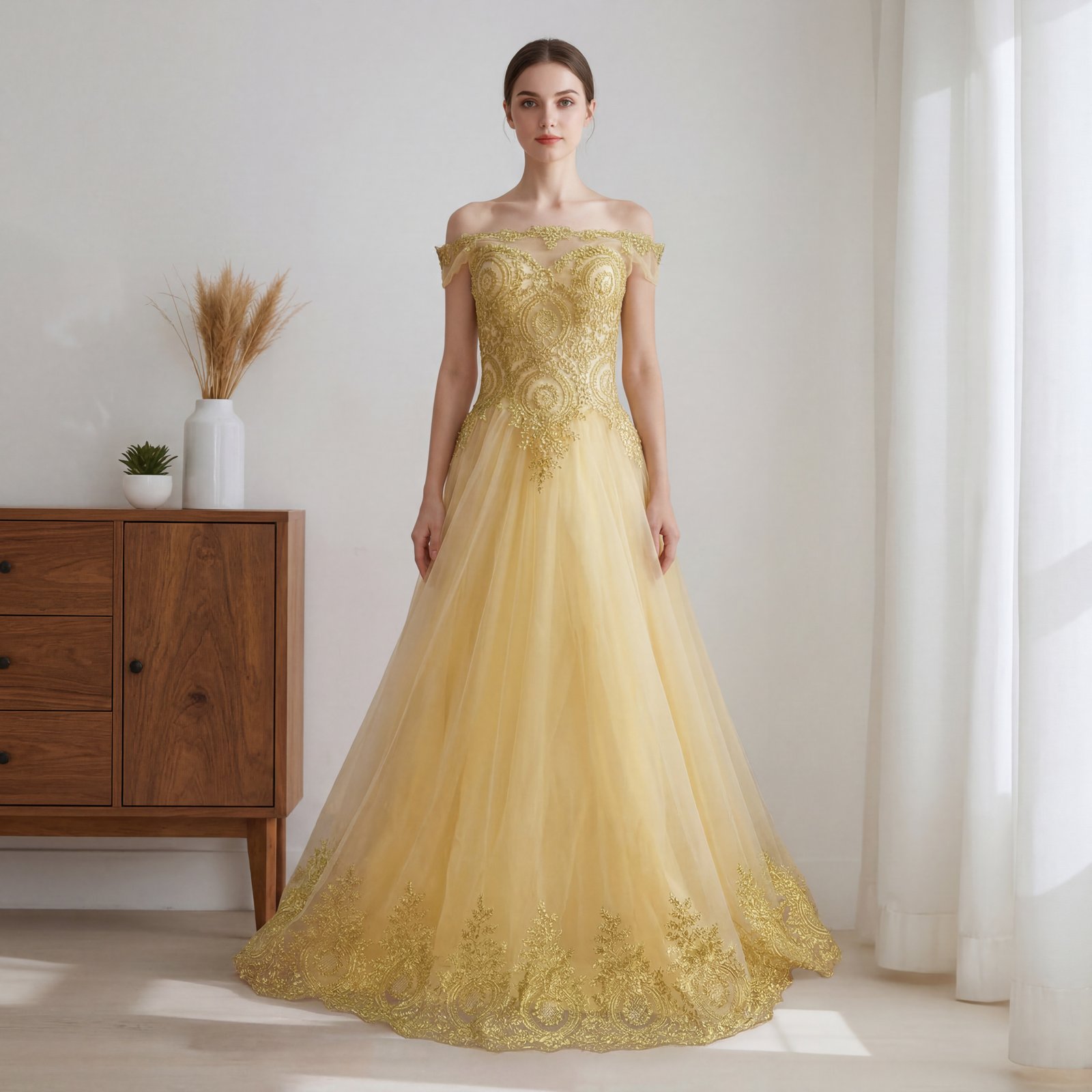 [EN] Pale Yellow Off-Shoulder Lace Embroidery Gown[CN] 淡黄色一字肩蕾丝刺绣礼服