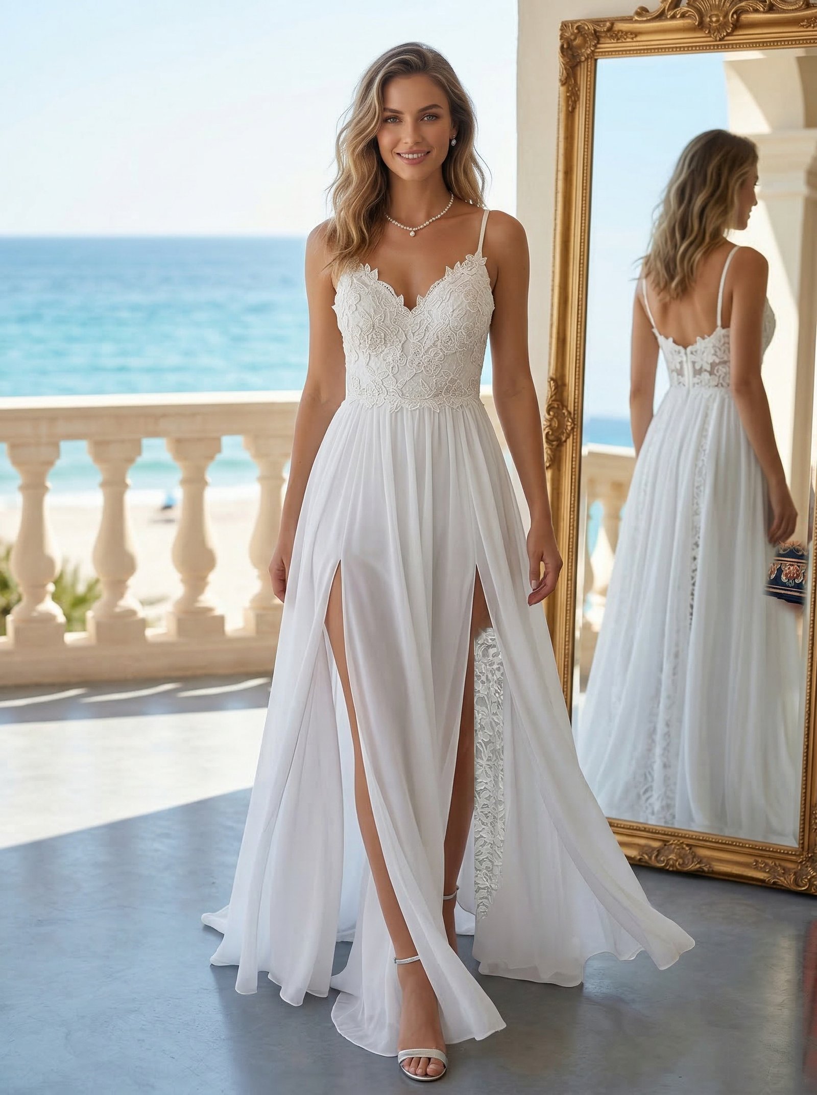 [EN] White Lace Spliced Chiffon Slit Slip Wedding Gown[CN] 白色蕾丝拼接雪纺开叉吊带婚纱礼服