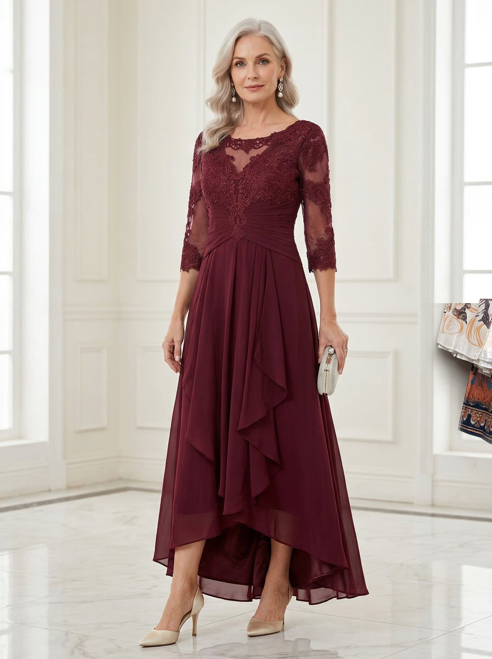 [EN] Wine Red Lace Spliced Chiffon Gown[CN] 酒红色蕾丝拼接雪纺礼服