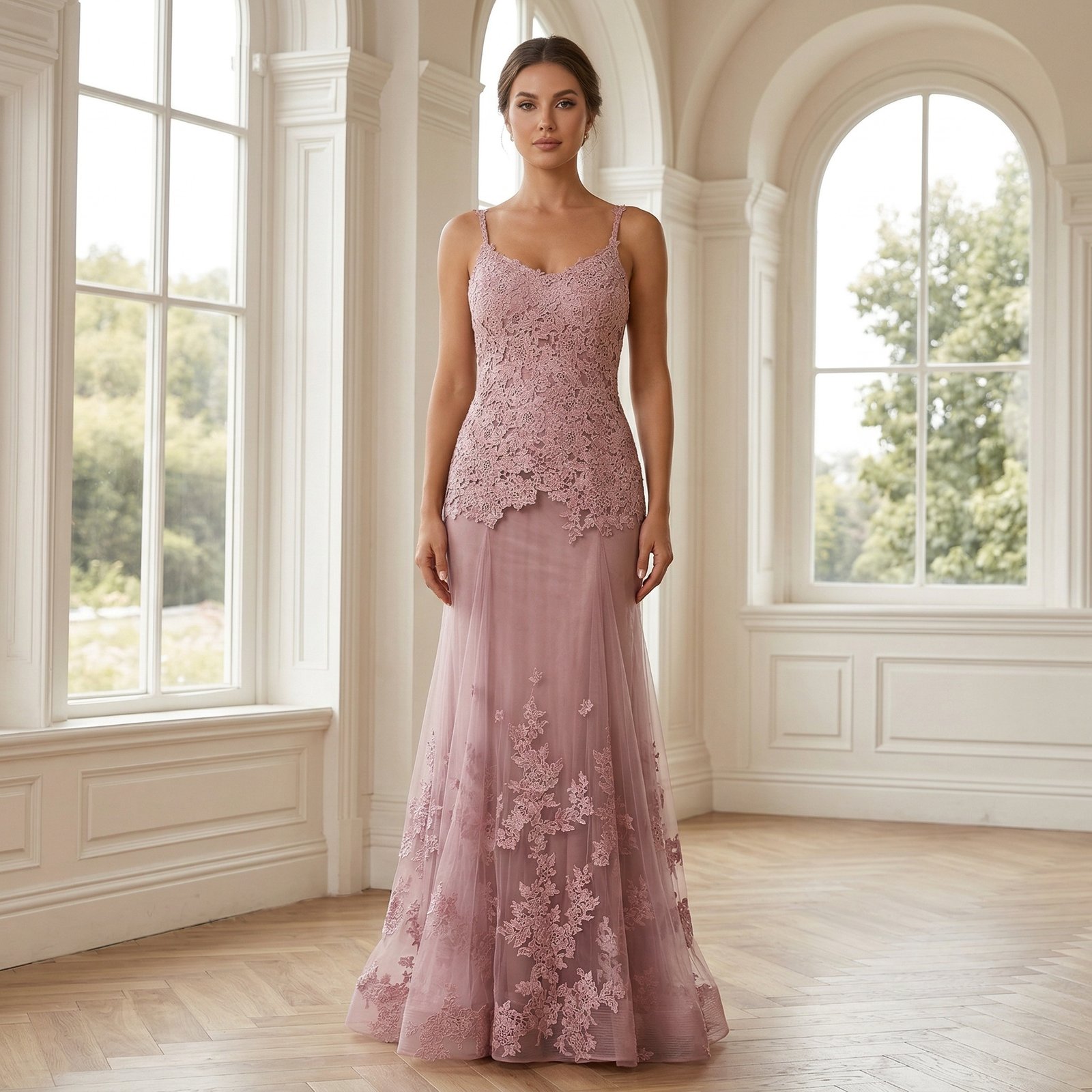 [EN] Bean Paste Pink Lace Mesh Suspender Mermaid Gown[CN] 豆沙粉蕾丝网纱吊带鱼尾礼服
