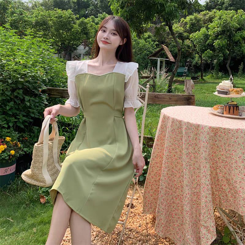 [EN] Avocado Green Spliced Chiffon Square Neck Dress [CN] 牛油果绿拼接雪纺方领连衣裙