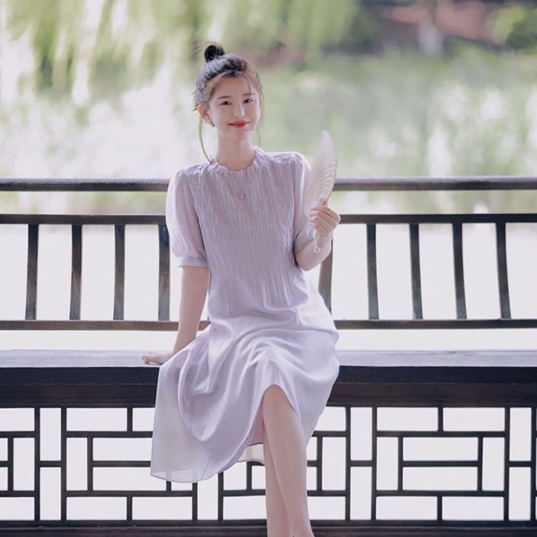 [EN] Lilac Pleated Puff Sleeve Dress [CN] 淡紫褶皱泡泡袖连衣裙